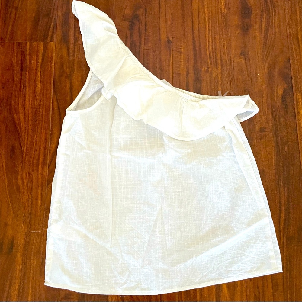 Old Navy Pure Cotton White Top Blouse Asymmetrical One Shoulder Ruffle Sleeve
